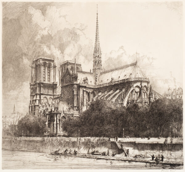 A view of Notre Dame from the river. There are fishermen along the river's edge and people leaning over the upper sidewalk wall.