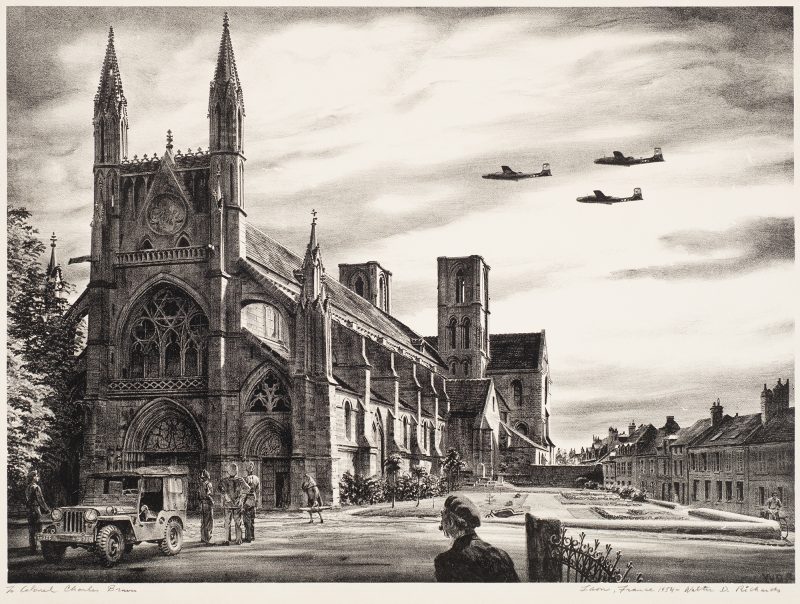 A view of Laon Cathedral in France with a three war planes flying above .