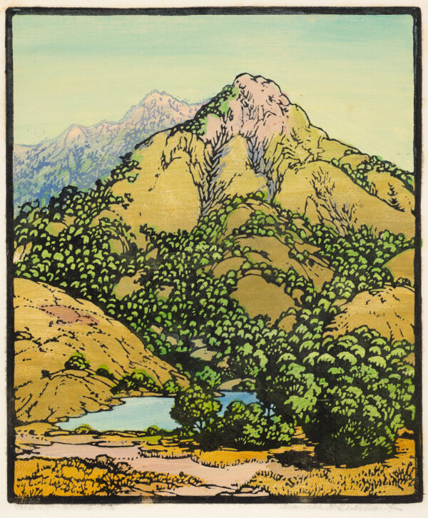 A view of low mountains with green trees in the valleys rising up to pink mountain tops. There is a blue lake at the base of the mountain.