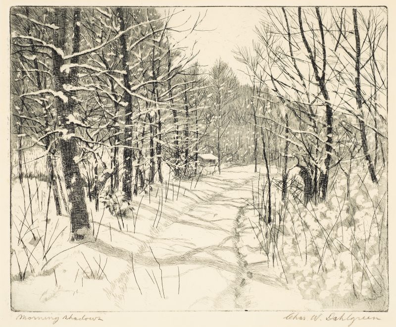 A snow scene of a road leading to a small cabin at center.
