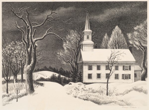 A road covered in snow leads past a church, with steeple and weather vane. Across the road is a bear tree and stop sign.
