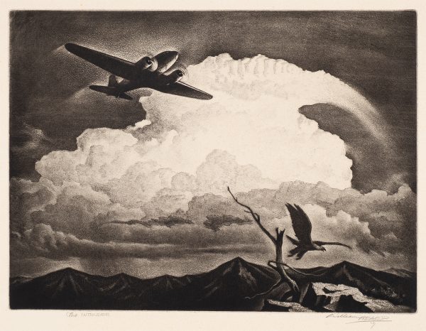 An airplane flies in front of a white cloud with an eagle flying in the lower right landing on a stony cliff.