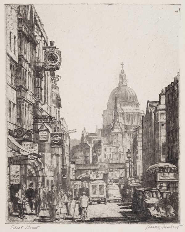 Fleet Street became known for printing and publishing. At the end of the street St. Paul's Cathedral can be seen.