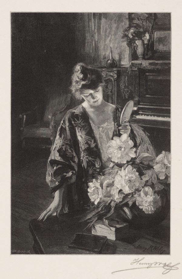 A woman sits in a decorated room, looking at herself in a hand mirror. A book and a bouquet of peonies sits on the table in from of her.
Wolf exhibited 144 wood engravings (of his own work) at the 1915 Panama-Pacific International Exposition in San Francisco. He was awarded the Exposition's Grand Prize in printmaking.