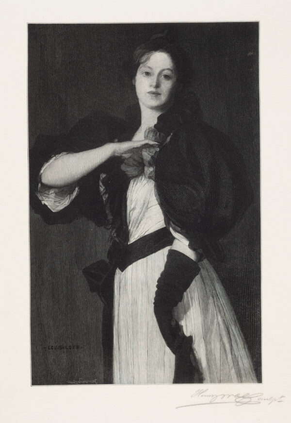 A portrait of a woman in a dress, posing with proper right arm raised to proper left shoulder. On proper left hand, she wears a glove. Wolf exhibited 144 wood engravings (of his own work) at the 1915 Panama-Pacific International Exposition in San Francisco. He was awarded the Exposition's Grand Prize in printmaking.