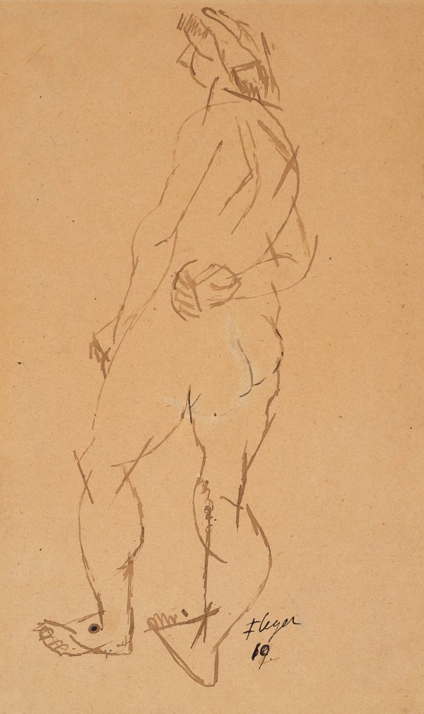 A standing female nude looks to her left.