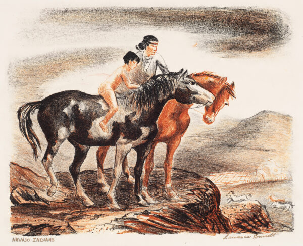 A Navajo man on a horse and a Navajo child on a horse watch over the edge of a cliff as wild horses run beneath them.