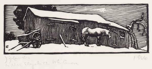 A horse stands by a shed. The cart is to the left. There is snow on the shed, ground and also the horse.