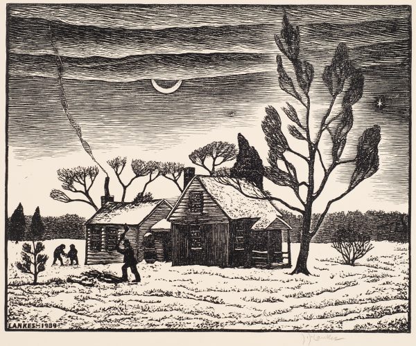A man chops wood in front of a cabin made of two buildings with a tree to the right. Smoke rises from the chimney at left. Two figures are to the left of the buildings. This scene includes a moon and one star.