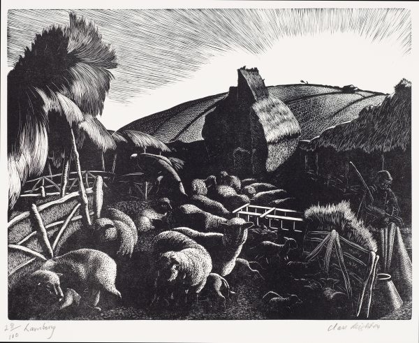 A farm with a sheep pen at front center, thatched sheds are at right and left, a hay stack is beyond, and a sunrise in the far distance. A farmer holds a newborn lamb at right .