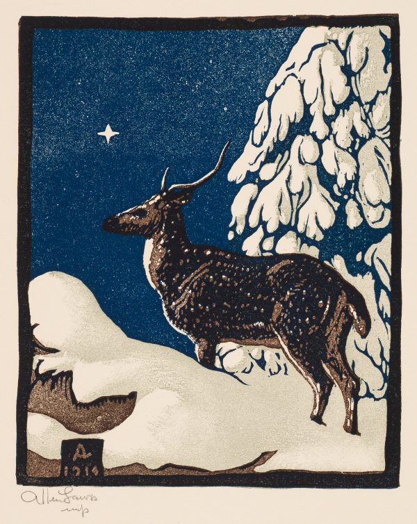 An elk stands in snow looking at a star at left. Possibly this is an image for a Christmas card.