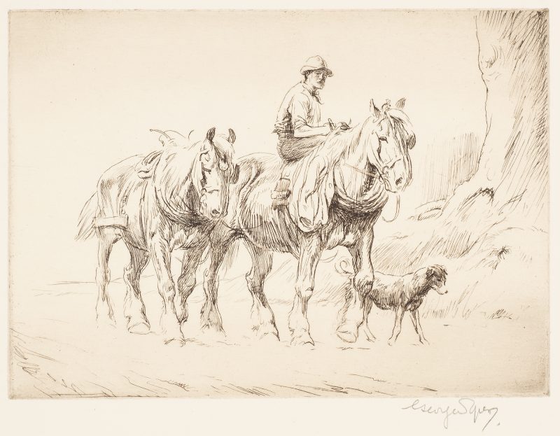 A man wearing a hat, rides one horse, with another to his right. A dog also walks with the group