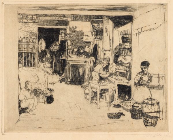 Four figures are scattered throughout a shop selling a variety of wares.