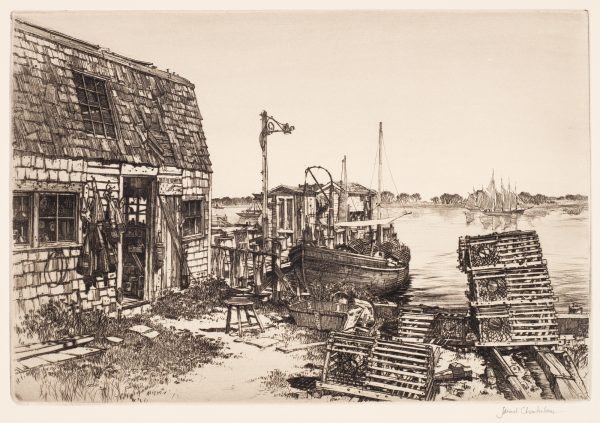 Lobster pots are on the right, a fishing shack is on the left with a roof in need of repair. At center is a boat at dock with several more boats in sail on the water in the background at right.