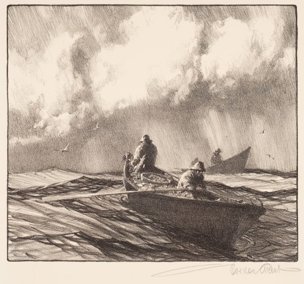Two boats carry two men, each. They have rain coats and hats with a heavy rain behind them. Their boats are full of fish, and one pulls on long oars. Flying birds are to the left and right.