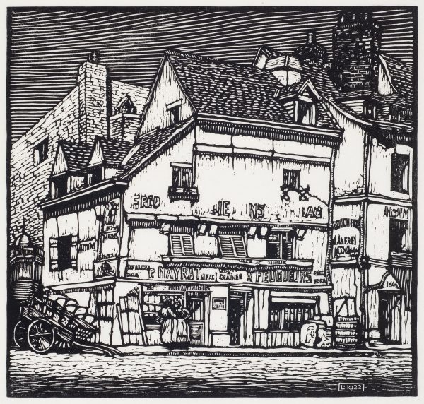 A street scene of two women chatting in front of a store. The building has several stories with ads on the front. A wagon is at the left. More buildings are behind and to the right. Scene in Rouen, France. From a drawing by L.C. Rosenberg. Appeared in Journal of the American Institute of Architects, and the June 1929 issue of Golden Book magazine.