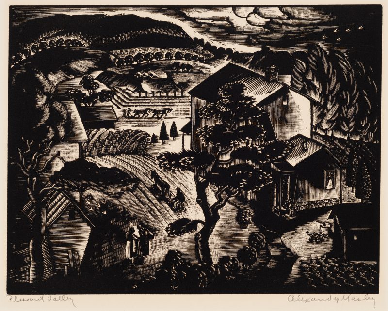 The scene is viewed from a high vantage point. There are buildings on each side with a man plowing at the center and above center. Two women have baskets in the foreground. In the background are fields with trees in rows.
