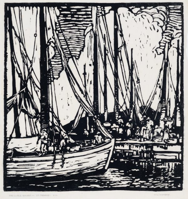 A boat at dock, with sails down, is on the left, the wharf with figures and more sail boats are on the right