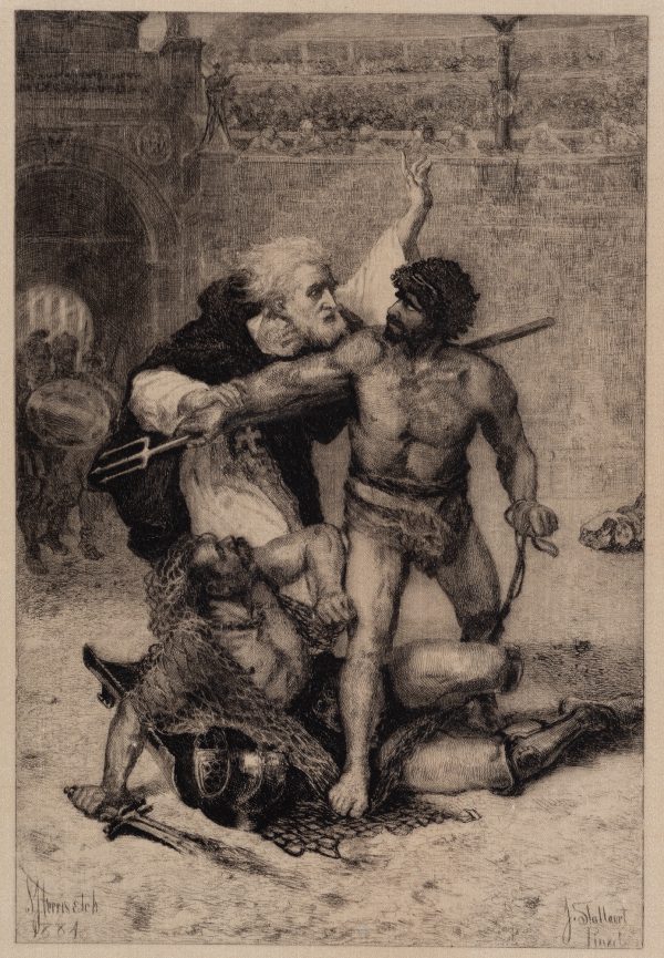 A white bearded man wearing a cross, stops a gladiator fight between two men.