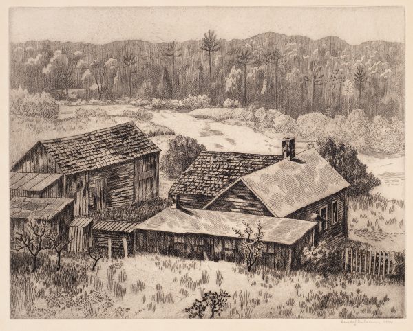 A farm that includes several barns, the house and smaller out buildings. Deciduous and coniferous trees are in the background.