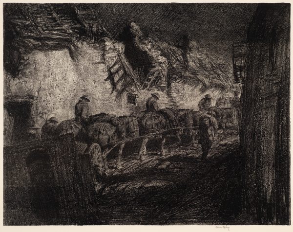 A scene of soldiers on horses, pulling carts moving through a village at night.