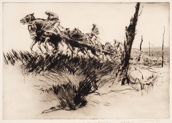 WWI. Soldiers on six teams of horses, pulling carts up a hill. At the right lies a dead horse, next to a tree with no branches.