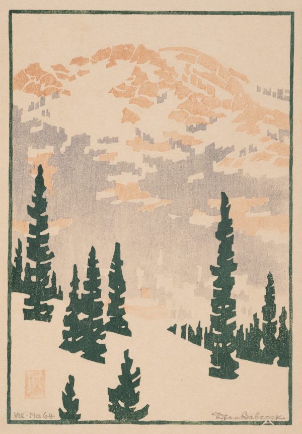 A simplistic landscape over mountains with pine trees.