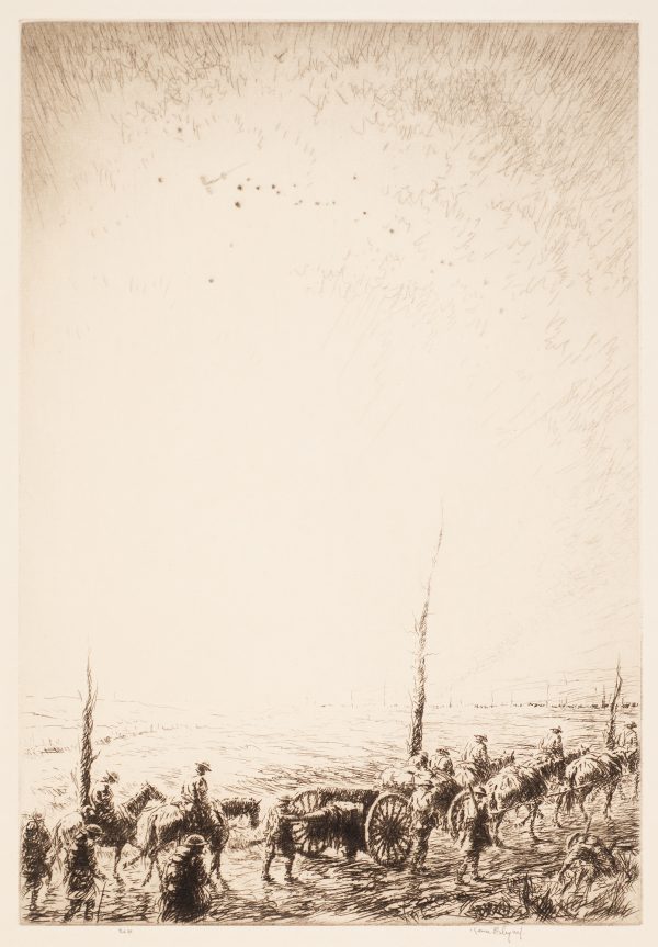 WWI. Soldiers with horses pulling cannons, and trees striped of all branches, are in the foreground with a large expanse of sky above and tiny planes above.