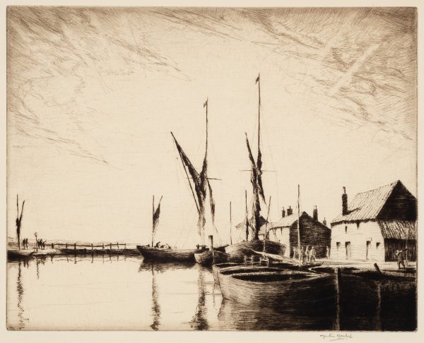 A harbor with docked boats, buildings at right, figures on the dock and a sunset in the sky.