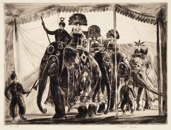 A a group of four elephants wearing decorated blakets and head dresses are in a line to enter a circus tent. There are three handlers and four women sitting on top wearing large headdresses themsleves.