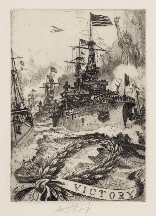 A crowded scene of war ships on an ocean. The main ship has a raised flag. The Statue Of Liberty is in the top right.