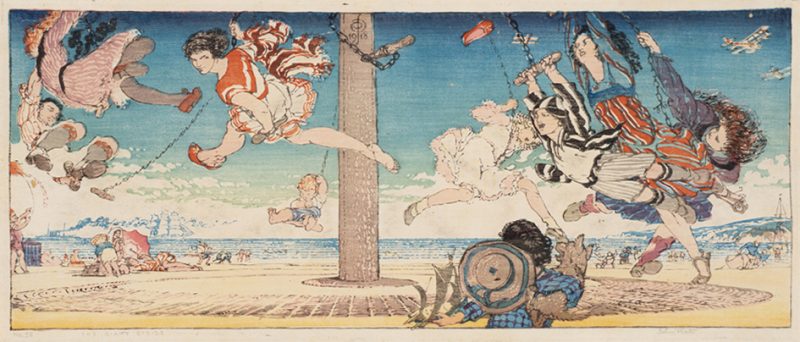 A group is plying on a swing made of a handle attached to a chain that is on a mechanism that allows them to run and swing in a circle. In the distance is the ocean with ships a umbrellas with sunbathers on the beach. In the foreground, to right of center is a boy holding a dog. Exhibited 1922 at the 3rd International Exposition in Los Angeles organized by the Printmakers Society of California. This print was awarded the Gold Medal for best print in any medium.