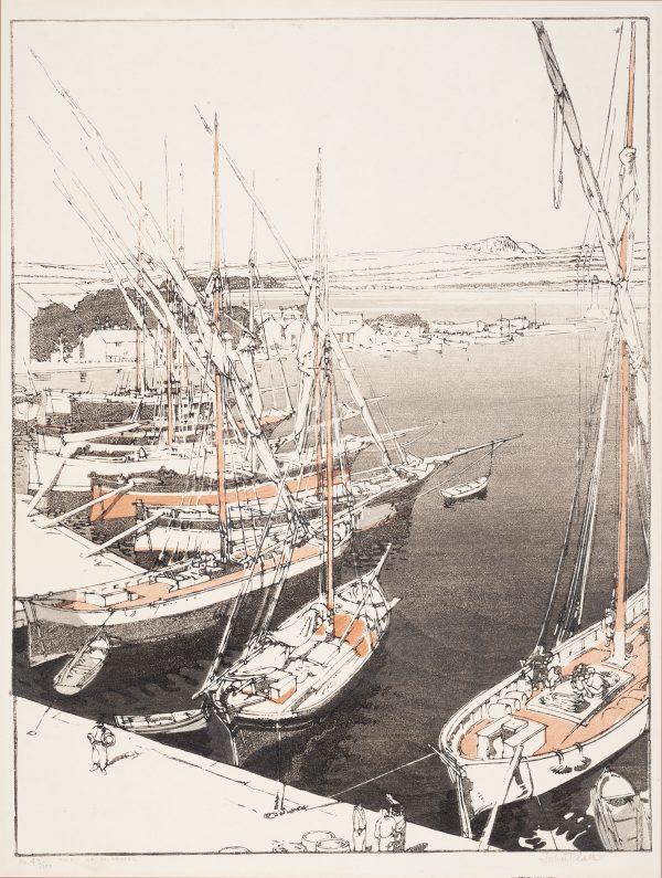 A scene overlooking a port with several docked boats.