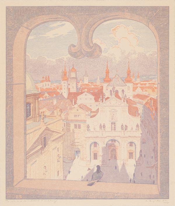 A view of Prague through an ornate window. A pigeon sits on the sill looking over the city of white buildings with red roofs and many spires.