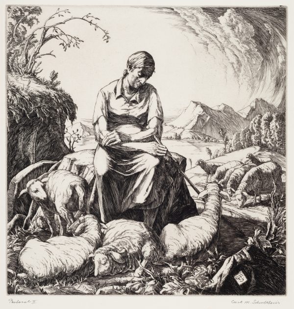 A woman holding a stick sits on a rock with sheep surrounding her.