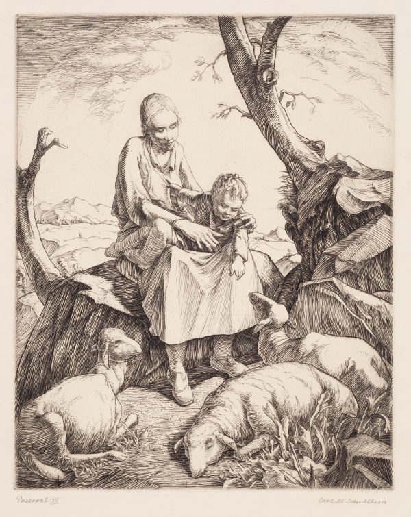 A young girl holds a toddler on her lap. He reaches for the sheep below him. Rocks and tree trunks are on both sides of the goup.