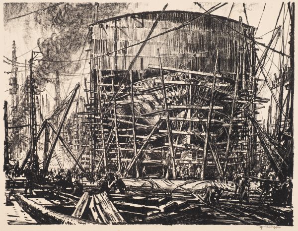 WWI. A view of a war ship being constructed. Part of: The Great War: Britain's Efforts and Ideals 66 prints produced by the British government in 1917 as artistic propaganda to encourage support for the war effort.