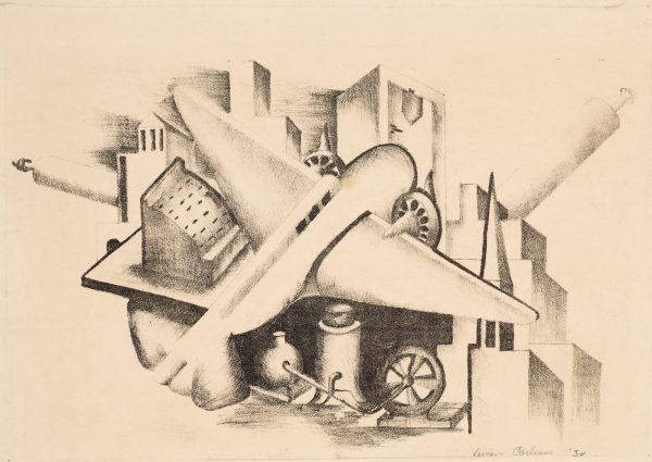Objects are overlaid each other: an airplane is at center, a wheel is at bottom right with gear shaft, building shapes are behind, with rolling pin shapes in the top right and left corners.