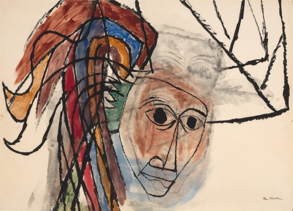 A face at the center of the composition is surrounded by colorful shapes and black lines.