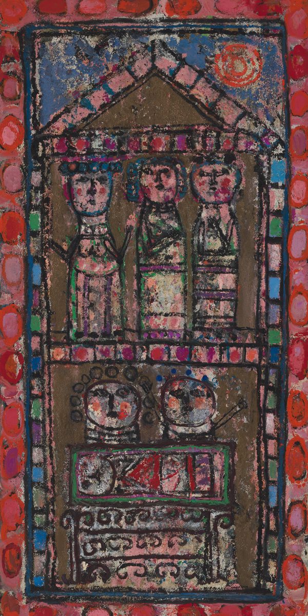 A colorful painting of a house, cut away to show three figures on the second floor and two on the first floor in front of an open casket.