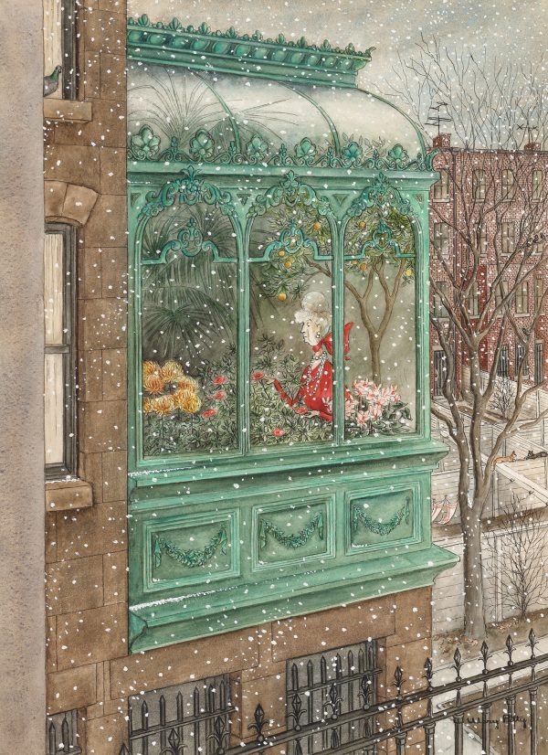 A view of a woman inside a conservatory as seen from the outside in the snow.