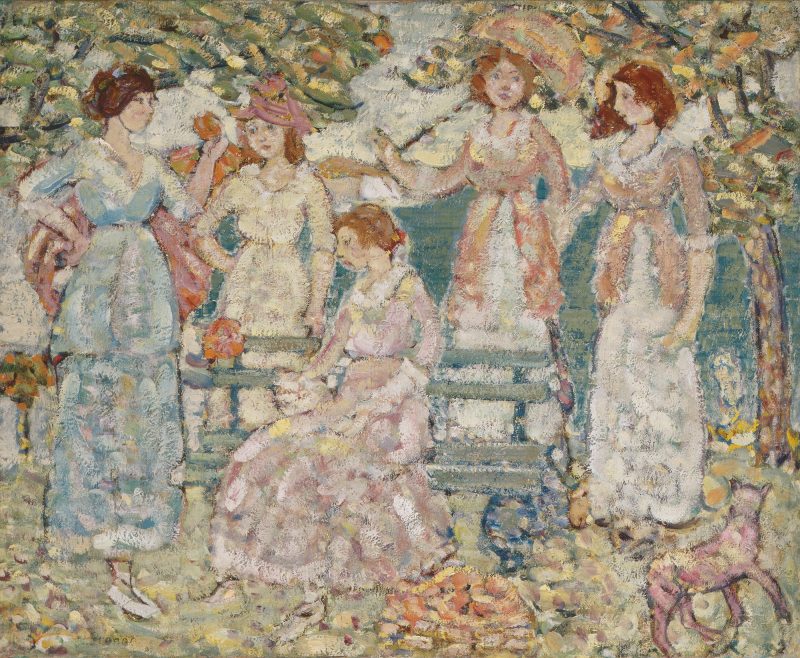 Four women surround a fifth sitting on a park bench.