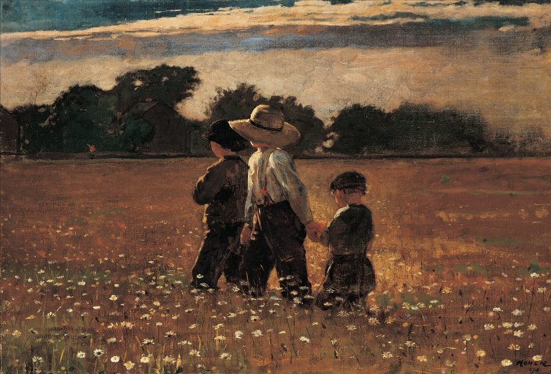 Three children, two in dark clothing and one wearing a straw hat, white shirt and dark pants, are centered in a landscape of wildflowers with white blooms, with a row of trees in the background and blue sky and clouds above