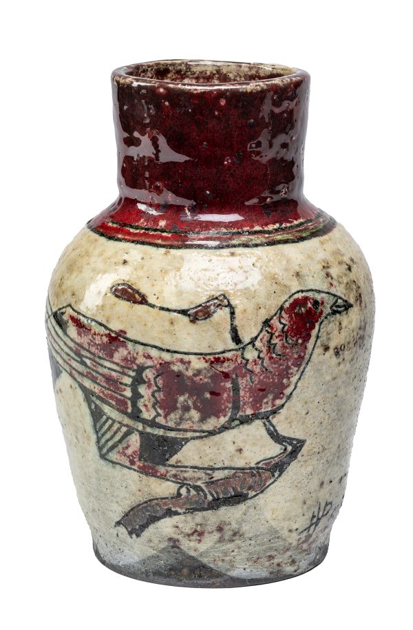 A ceramic vase, dark upper neck with an abstracted horse on a light background