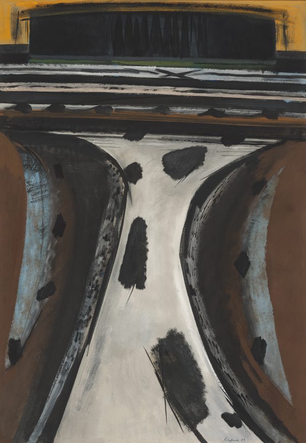 An abstraction of a highway and overpass. The cars are fuzzy brush strokes.