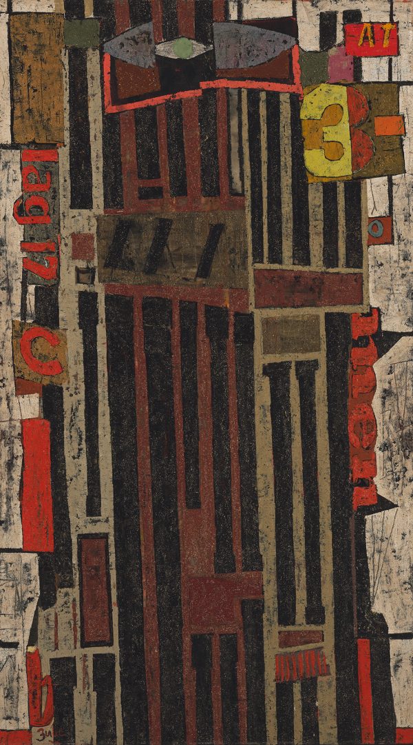 An abstraction of parts of buildings: fire escapes, boarded-up windows and newsstands.