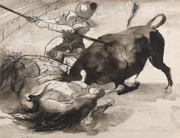 A bull is being stabbed by a man with a spear and a horse is down in the foreground.