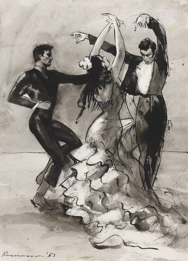Two men and a woman are dancing.