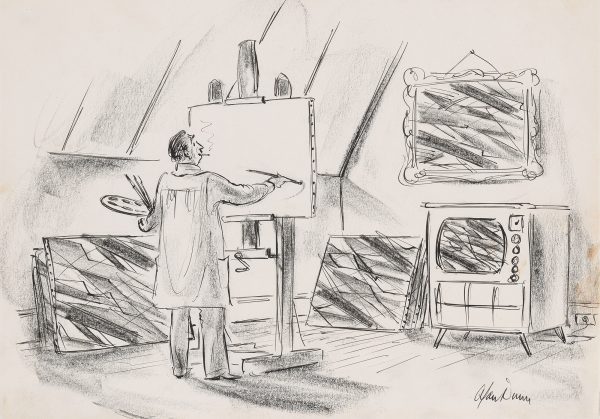 A man stands in front of an empty canvas with paintings on the floor and wall and the television all with abstract lines.