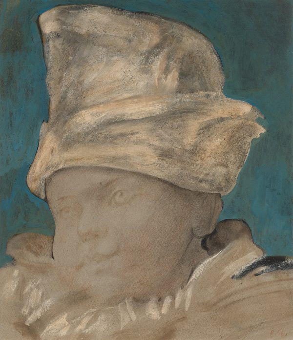 Painting of a young boy with a ruffled collar and yellow hat.